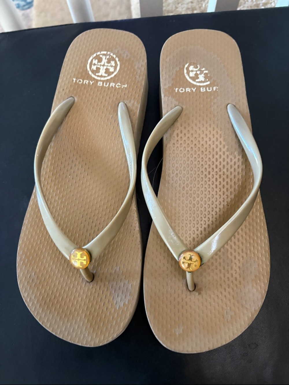 Tory Burch Taupe Flip Flop Sandals with Gold Logo